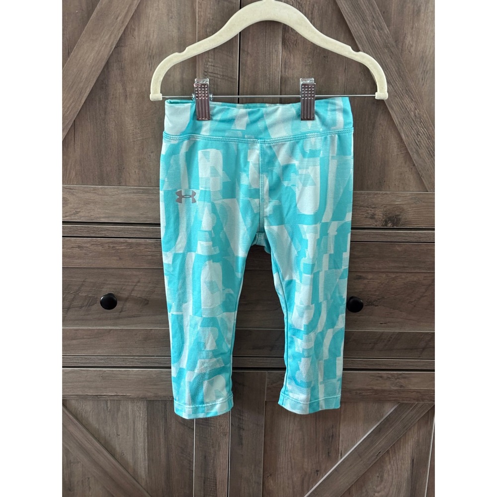 Under Armour Girls 4T HeatGear Capri Leggings Aqua Blue Geometric Athletic Pants